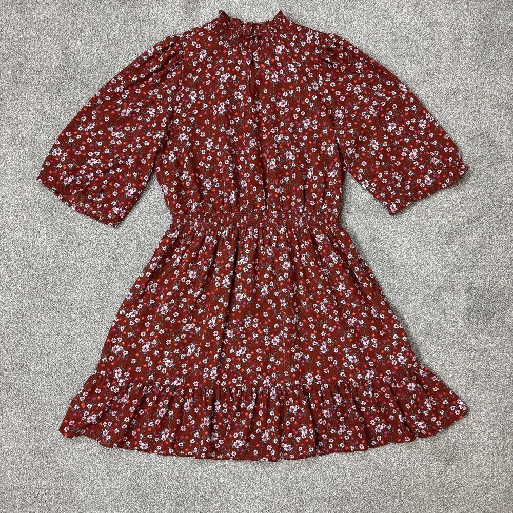 Nanette NANETTE LEPORE Dress Womens 14 Red Floral Mock Neck Ruffle Hem Smocked